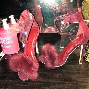 Red fur open toe heels